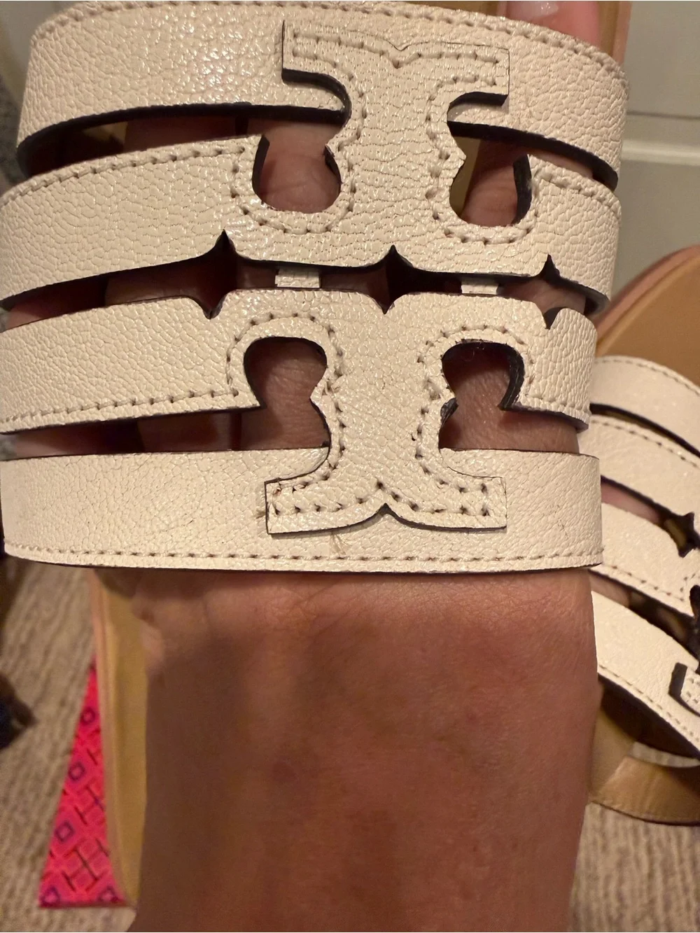 Tory Burch Ines Cage Slide Tumbled Leather Sandals 7.5 Light Cream/Ginger